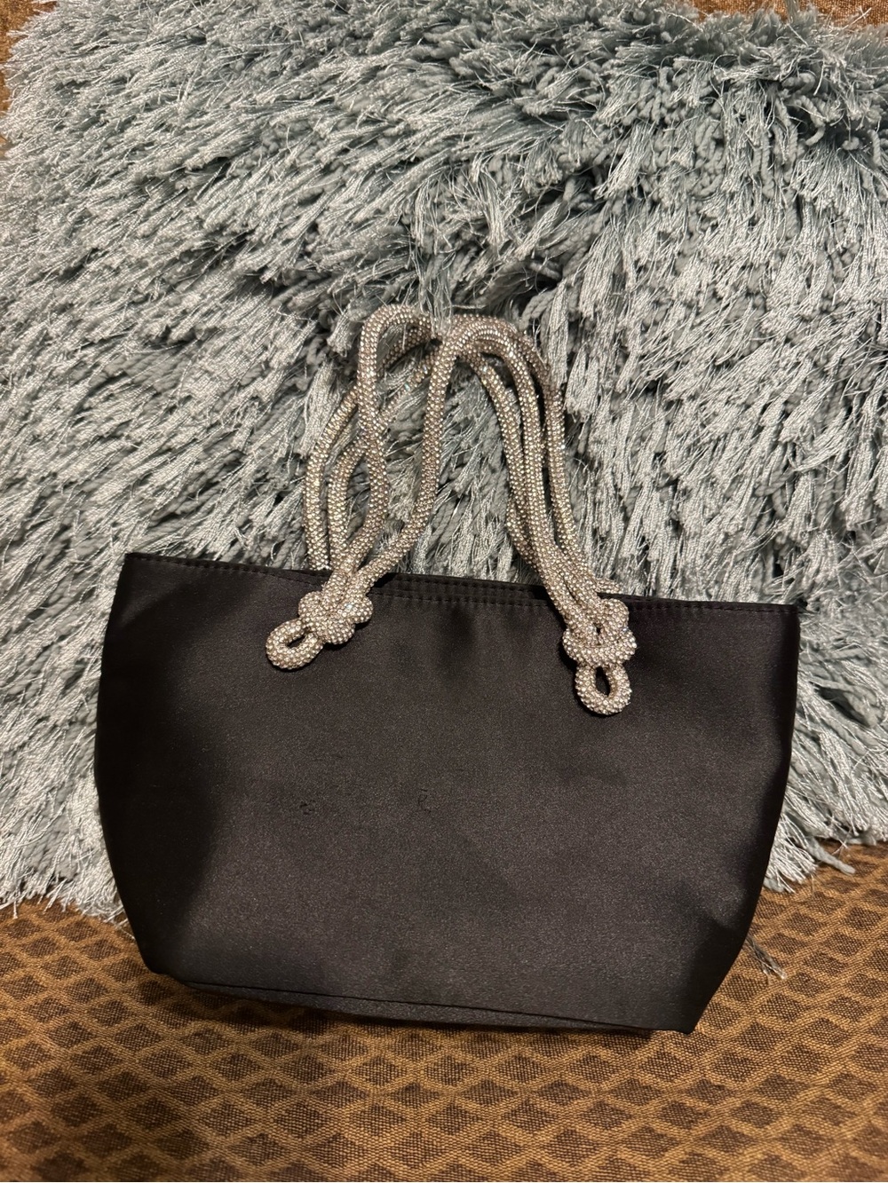 Small Black Satin Tote with Crystal Rope Handles